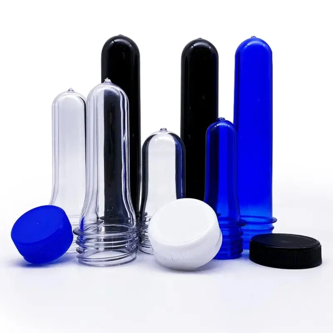 PET Preforms and Caps for Bottles – Transparent, Black, and Blue